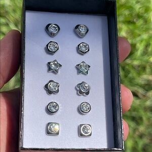 Stainless Steel Sterling-Tone Clear Crystal Stud Earring Set - 6 Pairs